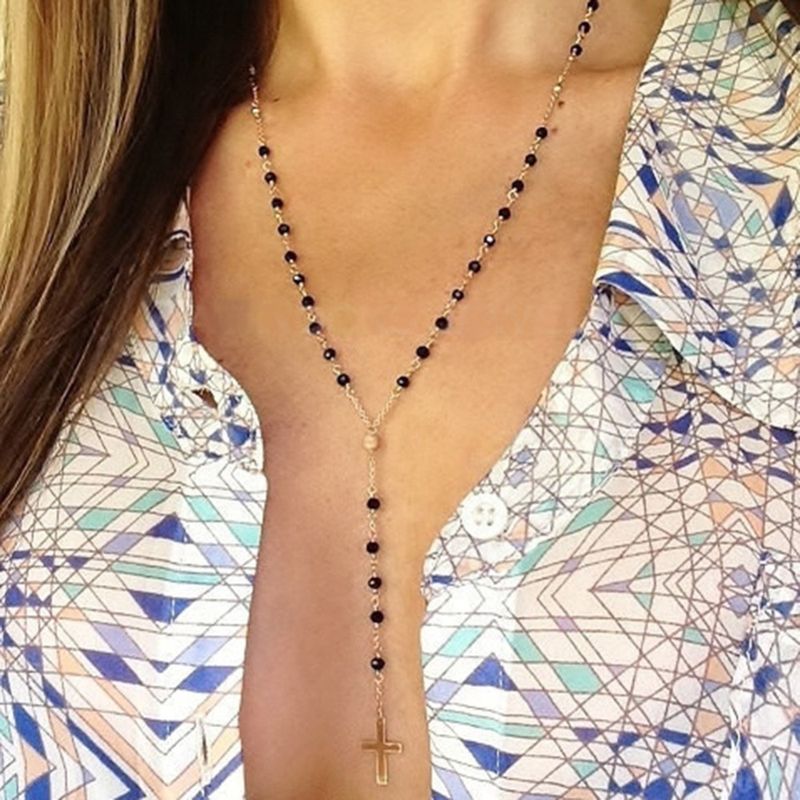 Pronta consegna Maglione fatto a mano Rosario Perline Semplice Lungo Nappa Croce Ciondolo Collane Choker Catena Lucchetto Collana Collare_voghion.com