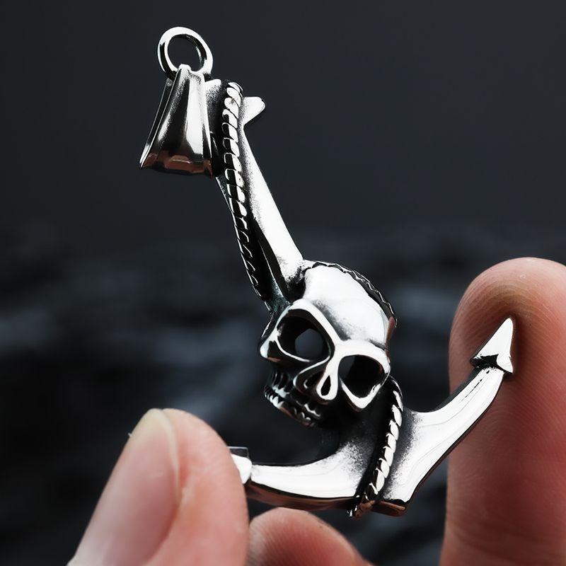 Ciondolo da uomo in acciaio inossidabile retrò europeo e americano con ancora a forma di teschio gotico monofacciale_voghion.com
