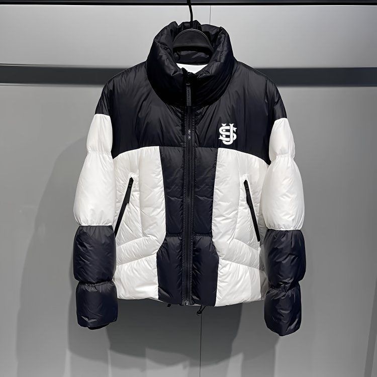 Doudoune courte à imprimé lettres américaines pour homme - Col montant, coutures épaisses et chaleur - Doudoune tendance automne-hiver style urbain_voghion.com