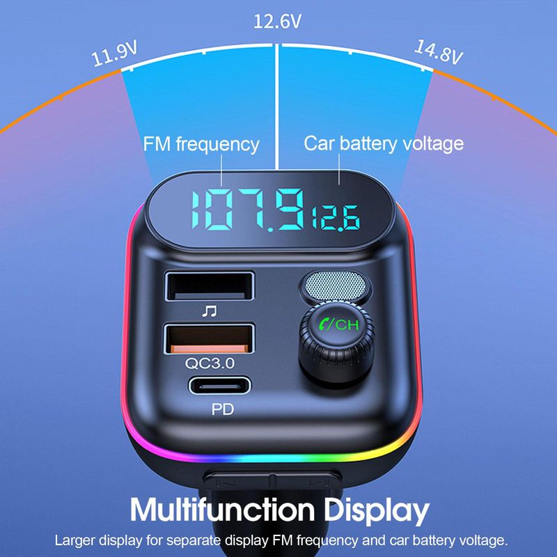 Car Fast Bluetooth 5.0 FM Transmitter PD Dual Player Music Type-C Colorful Ambient MP3 Light Cigarette Lighter USB C0E3_voghion.com