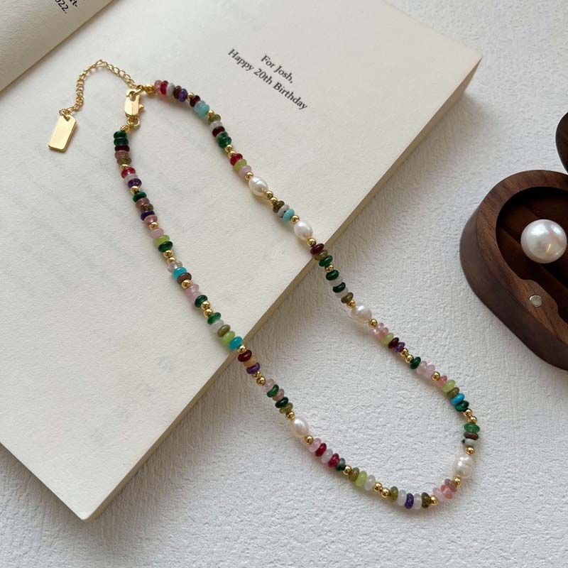 Collane di perle d'acqua dolce naturali in pietra e perle colorate alla moda per donne, collana con catena a clavicola color oro retrò, gioielli e regali_voghion.com