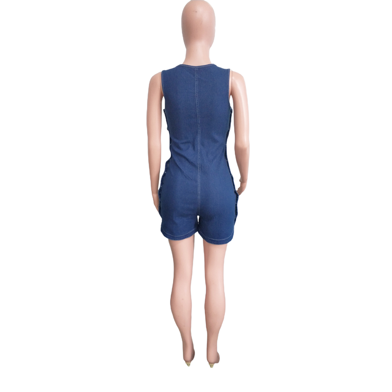 Damemote Slim Denim Jumpsuit Dobbel Breasted ermeløs denim Jumpsuit_voghion.com