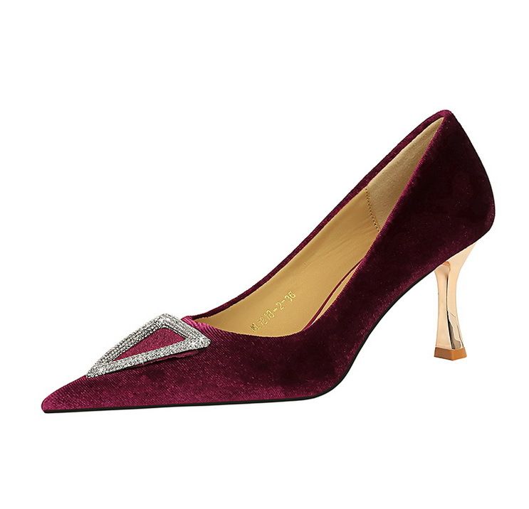 Scarpe con tacco da banchetto, basse in pelle scamosciata imbottita, punta appuntita, scarpe singole con chiusura in strass metallici a triangolo_voghion.com