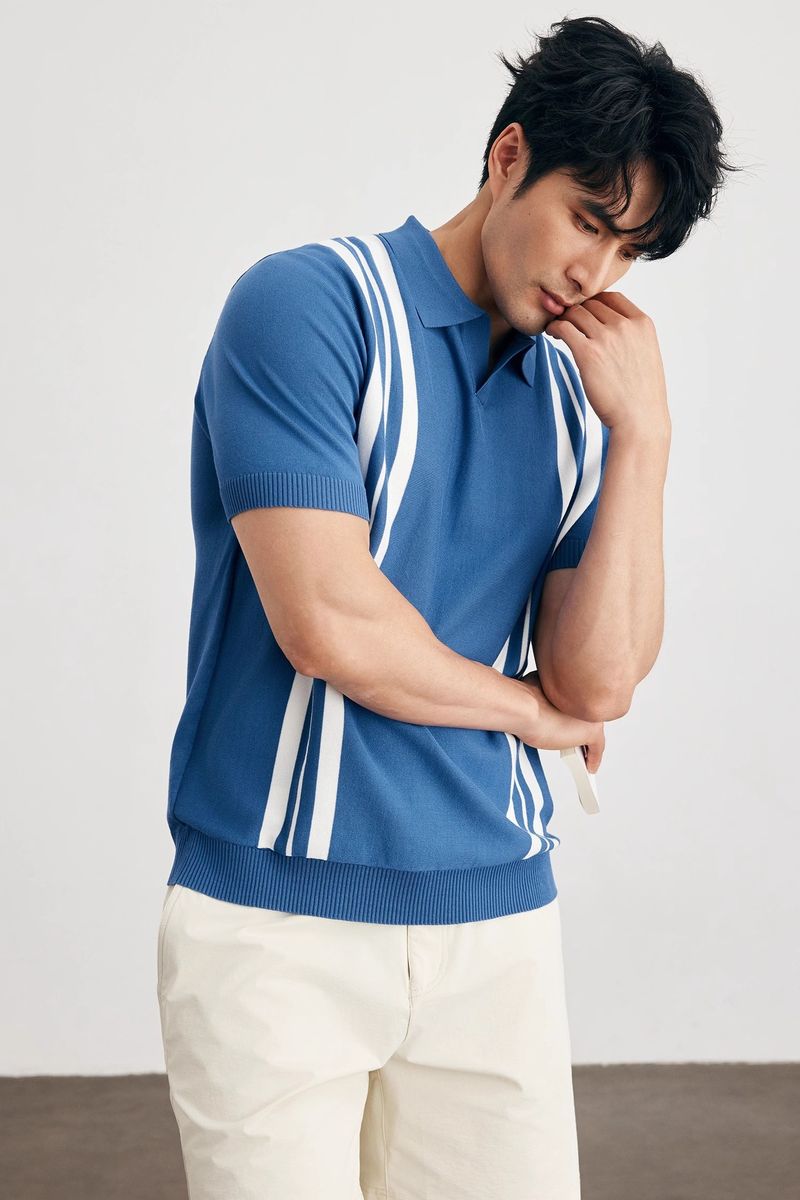Men's Clothing Polo Shirt V Neck Short Sleeved Knitted Sweater Men's Striped Color Matching Slim Fit Business Ice Silk Breathable Trendy_voghion.com