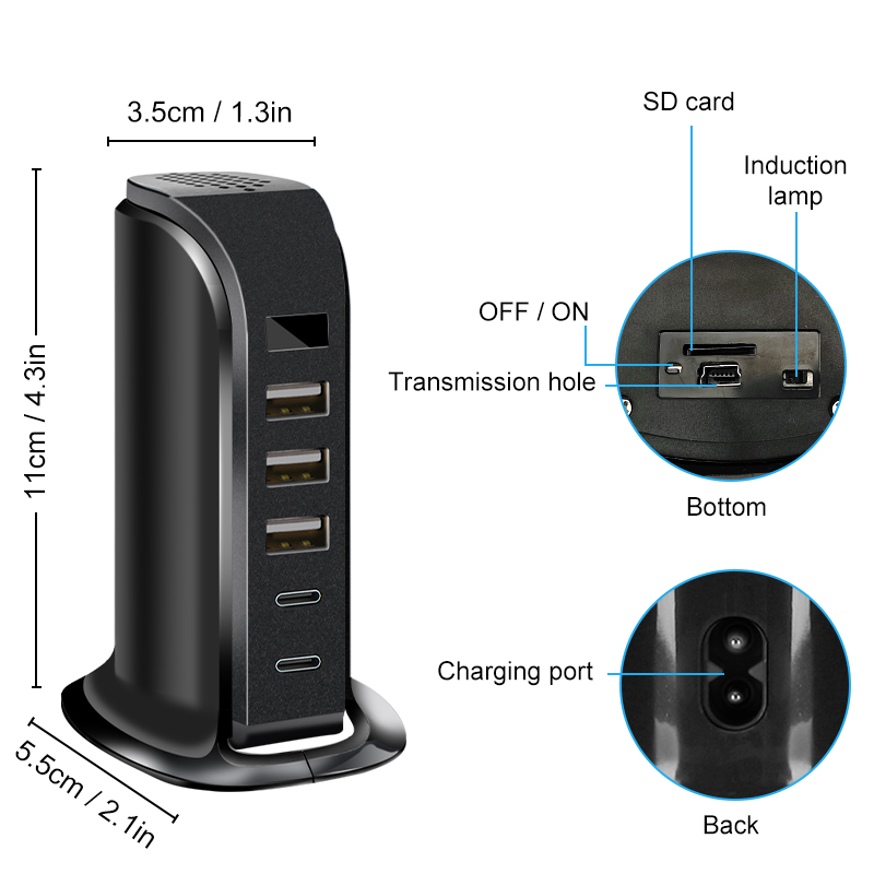 Chargeur 5 ports USB Mini caméra HD 1080P Wifi APP Hub de détection de mouvement à distance Convertir la surveillance Surveillance vidéo de sécurité à domicile_voghion.com