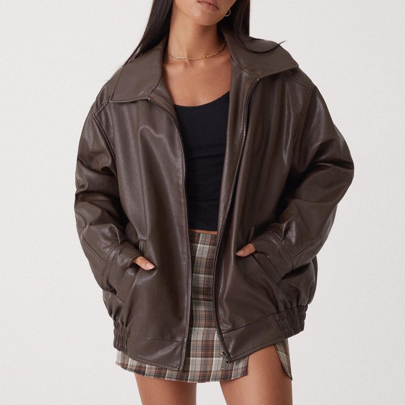 Giacca in stile motociclista, con colletto rovesciato, orlo elastico, cerniera, cappotto in pelle PU_voghion.com