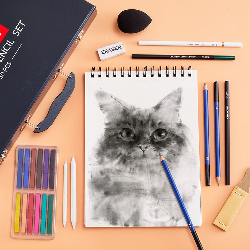 Professional 50-Piece Wooden Sketching Set With Graphite Pencils, Charcoal Sticks, Blending Stumps & Art Erasers – Ideal For Artists & Beginners_voghion.com