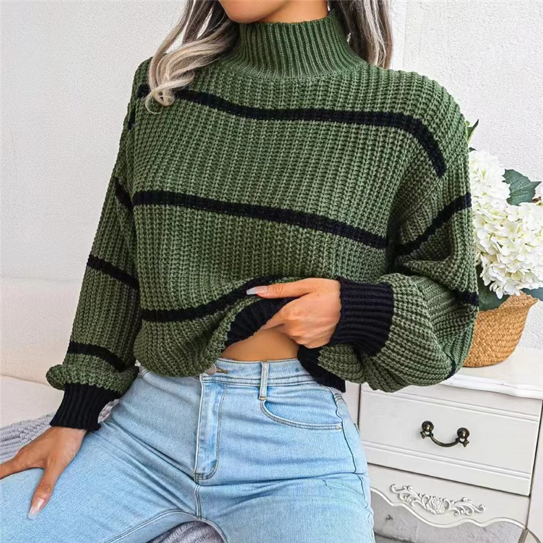 Suéter feminino casual listrado com manga lanterna e meia gola alta_voghion.com