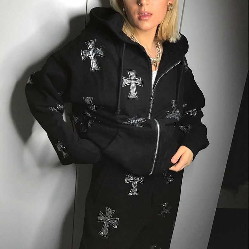 Women's Streetwear Hoodie & Pants Set With Cross Rhinestone Zipper - Oversized Pullover & Joggers Outfit For Fall (White, Black)_voghion.com
