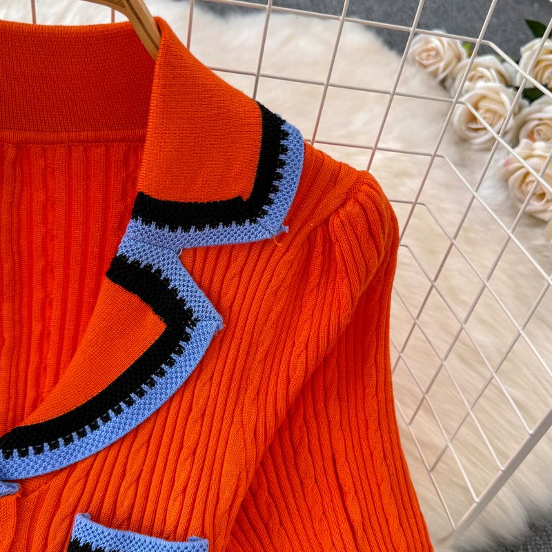 Robe brodée contrastée à manches courtes pour femme, style Xiaoxiang, automne et hiver, col à la taille, amincissante, simple boutonnage, en forme de A, tricotée_voghion.com