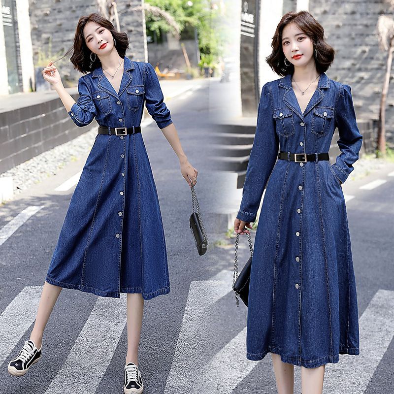 Abito in denim a maniche lunghe per donna in primavera e in estate, design sottile, stile francese, elegante, anti-età,_voghion.com