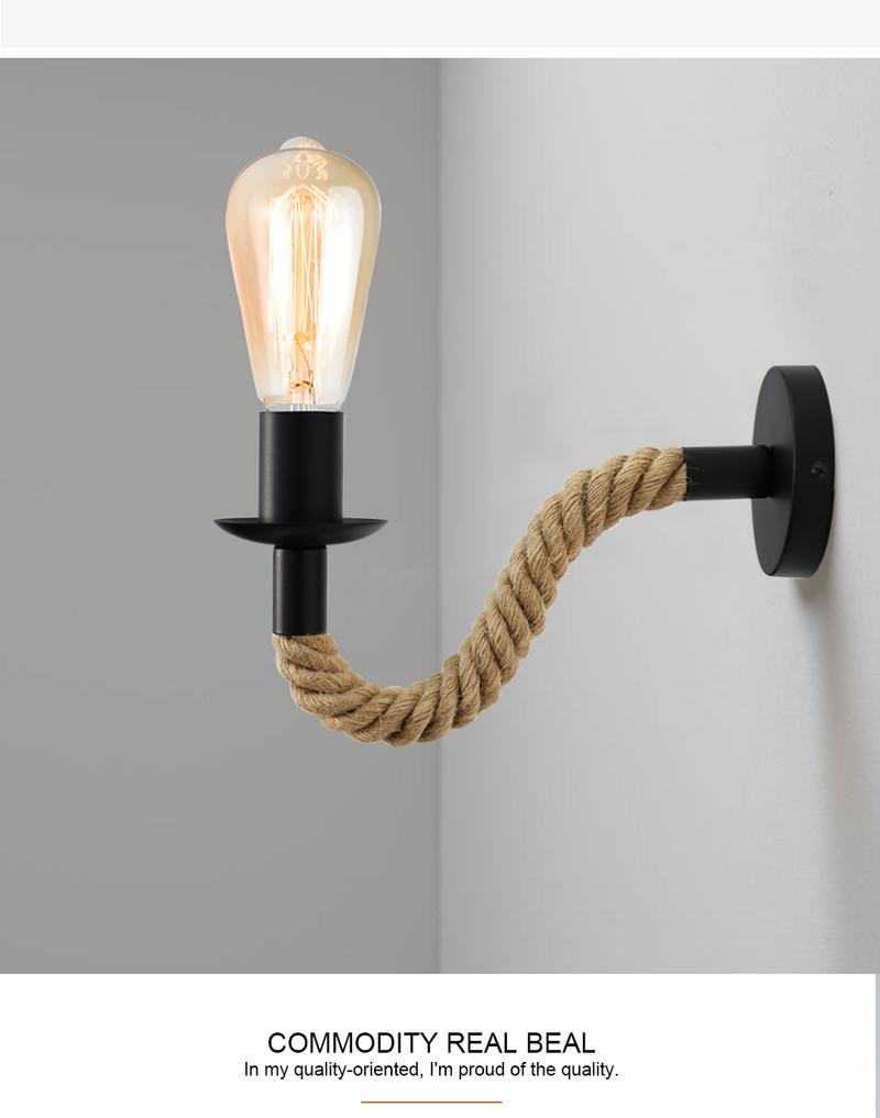 Lampada da parete vintage in corda di canapa Lampada da parete in legno E27 110V 220V Lampada da parete per corridoio per interni Loft per esterni Lampada da comodino per applique industriale_voghion.com