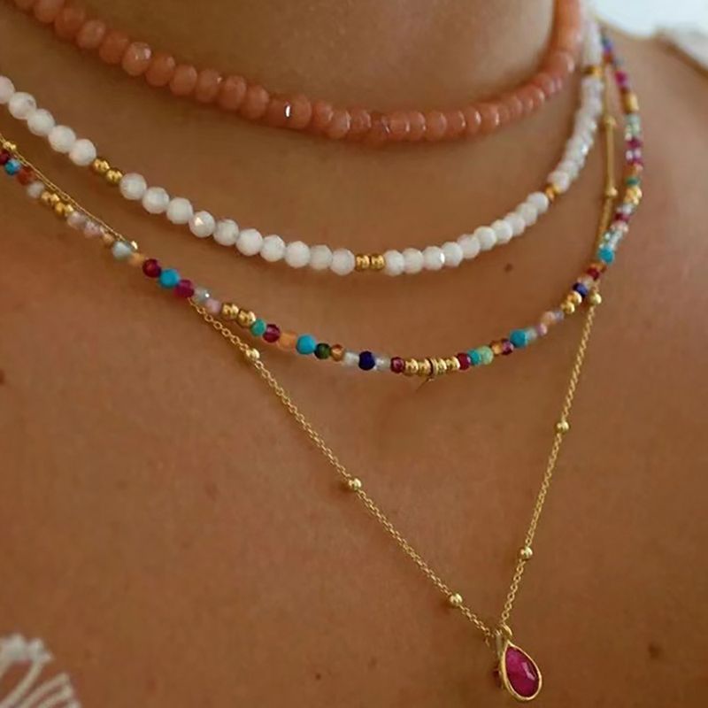 New Bohemian style pearl multi-layer colorful rice collarbone chain color blocked bead stacking necklace_voghion.com