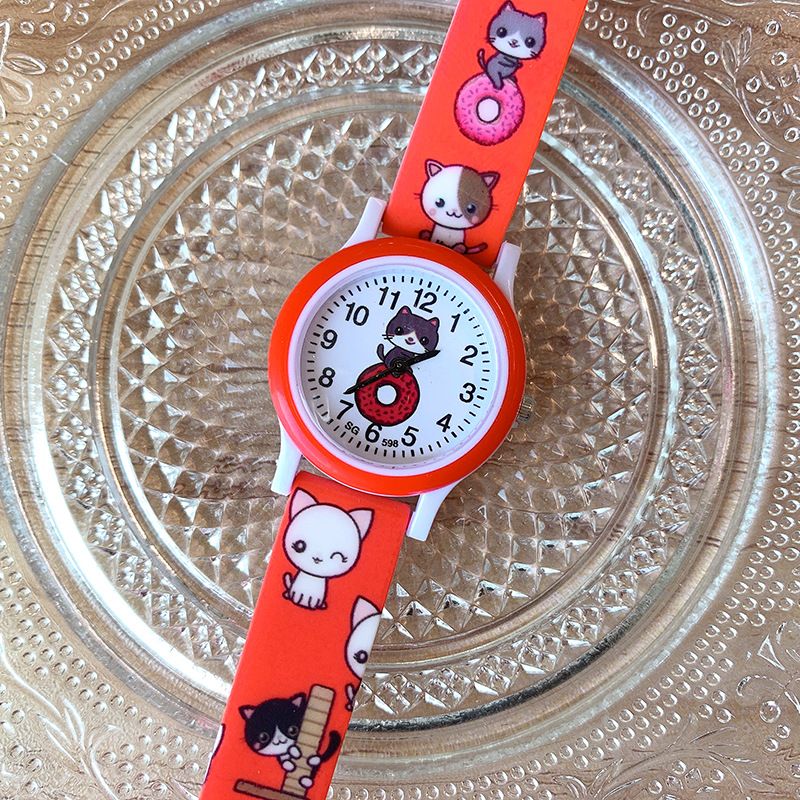 Orologio per bambini con stampa di una ragazza con tenero gattino dei cartoni animati, delicato orologio al quarzo con interesse infantile_voghion.com