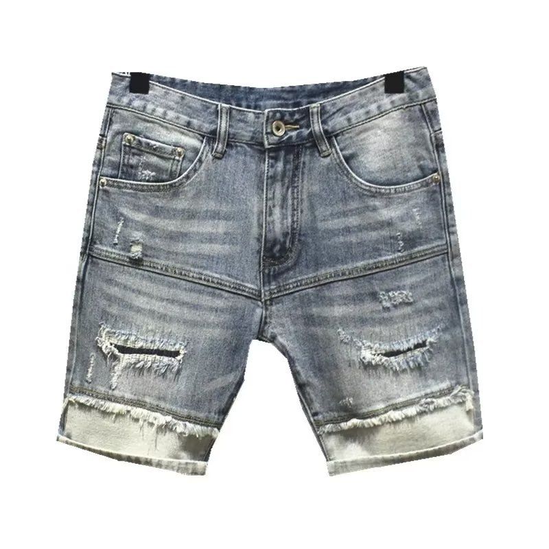 Shorts in denim per l'estate da uomo con nuove toppe azzurre lavate con vecchi fori, capri slim fit stampati personalizzati_voghion.com