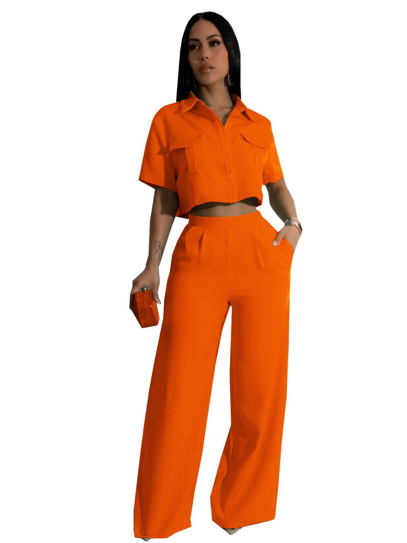 Damenbekleidung Sommermode Revers Kurzarm Hohe Taille Weite Beinhose Modeanzug_voghion.com