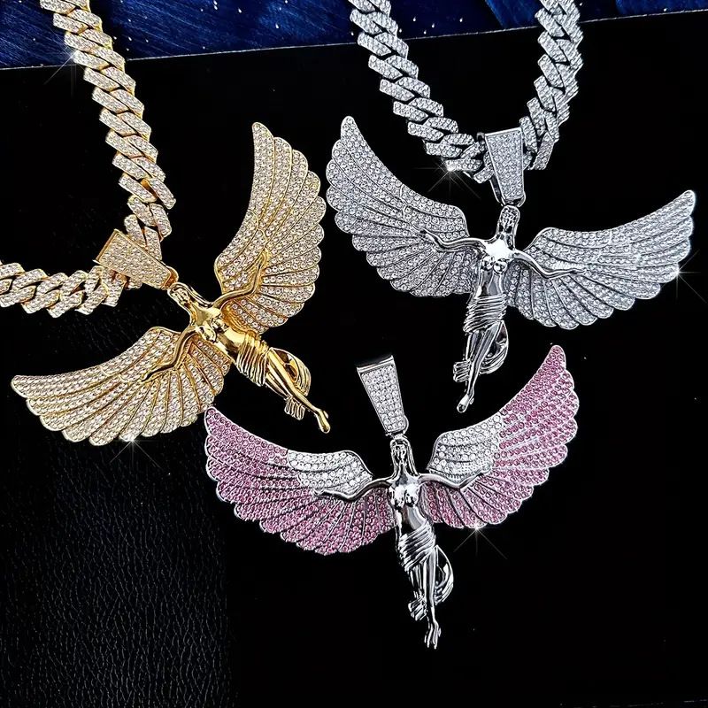 Light Luxury Full Diamond Angel Wings Zinc Alloy Large Pendant Personality Hip-Hop Style Rap Simple Unisex Necklace_voghion.com