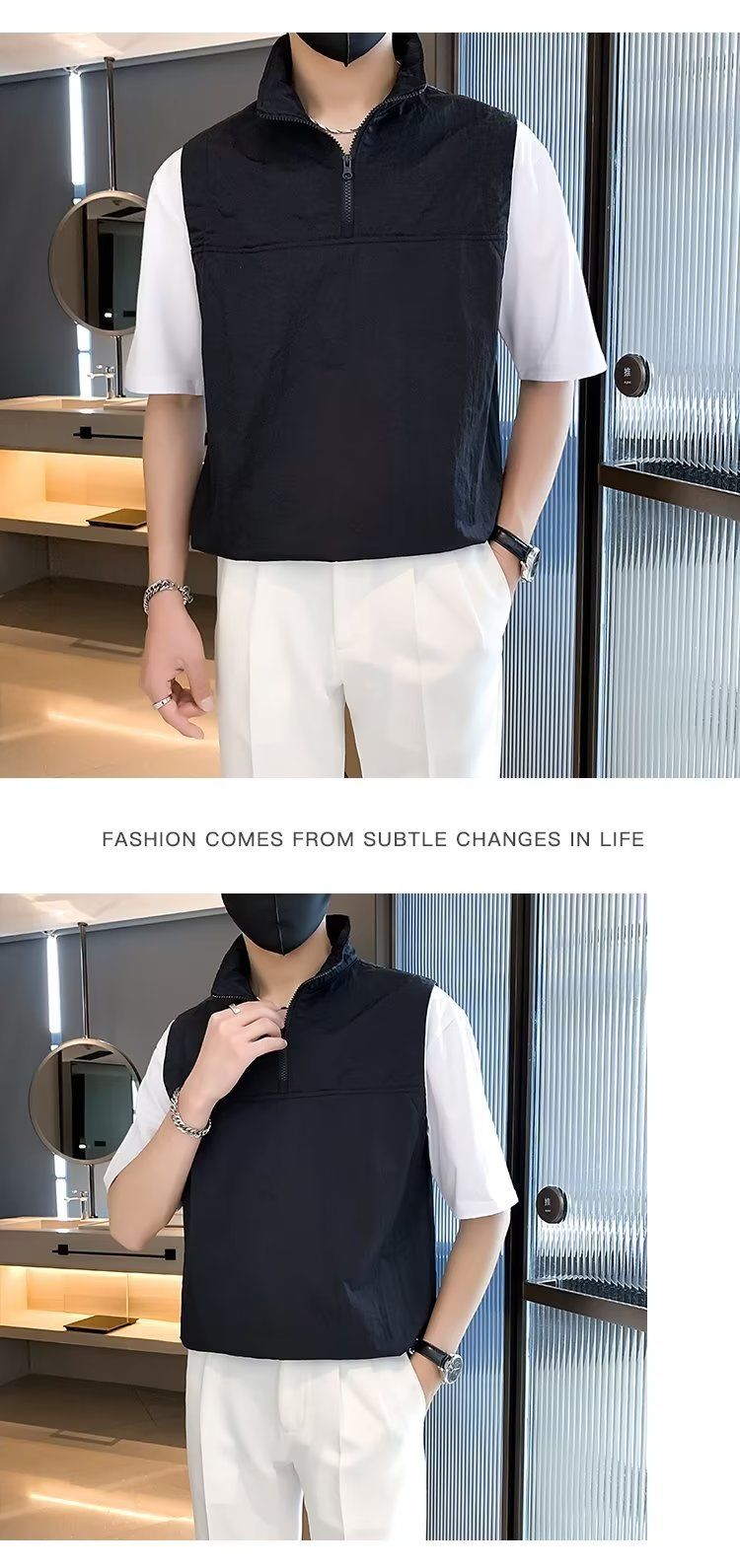Men's Clothing High end and cool lapel short sleeved T shirt for men in summer new two piece zipper stitching contrast color Polo shirt_voghion.com