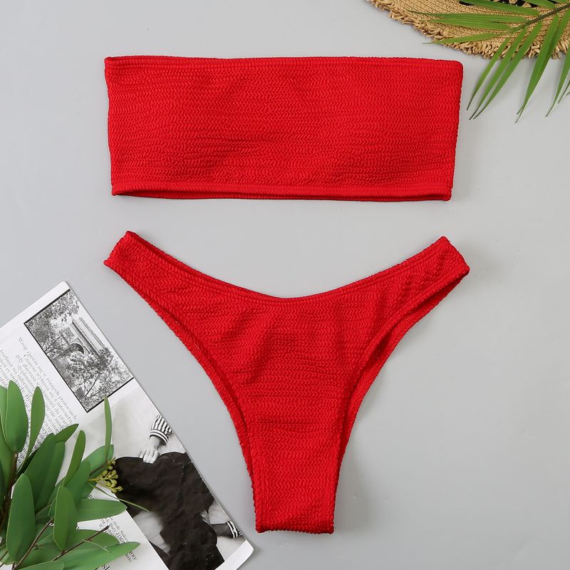 Traje de baño 2024 nuevo para mujer, bikini sexy de cintura alta sin tirantes de tela de serpiente de color sólido_voghion.com