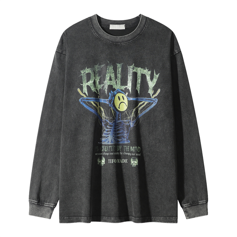 Abbigliamento maschile stile divertente teschio e ossa stampati, lavato per creare una vecchia maglietta a maniche lunghe_voghion.com