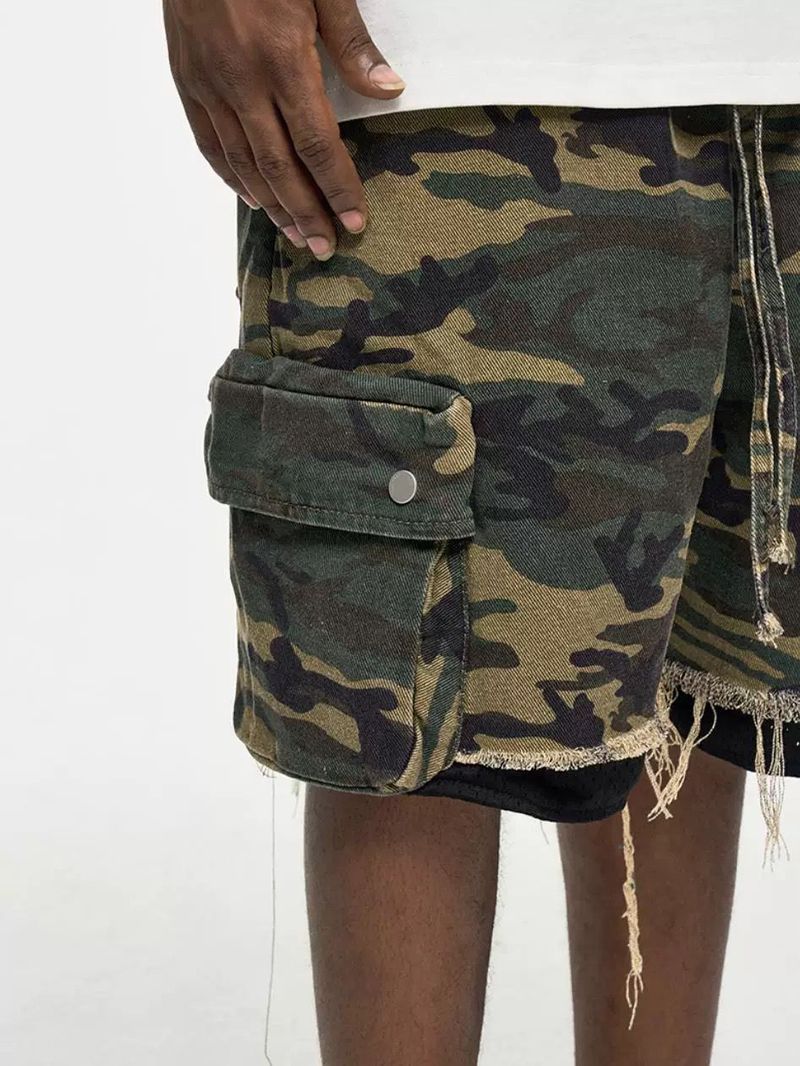 Men's Clothing High Street Washed Raw Edge Distressed Double Layer Retro Workwear Pocket Trendy Camouflage Shorts Summer Shorts Men's Trend_voghion.com