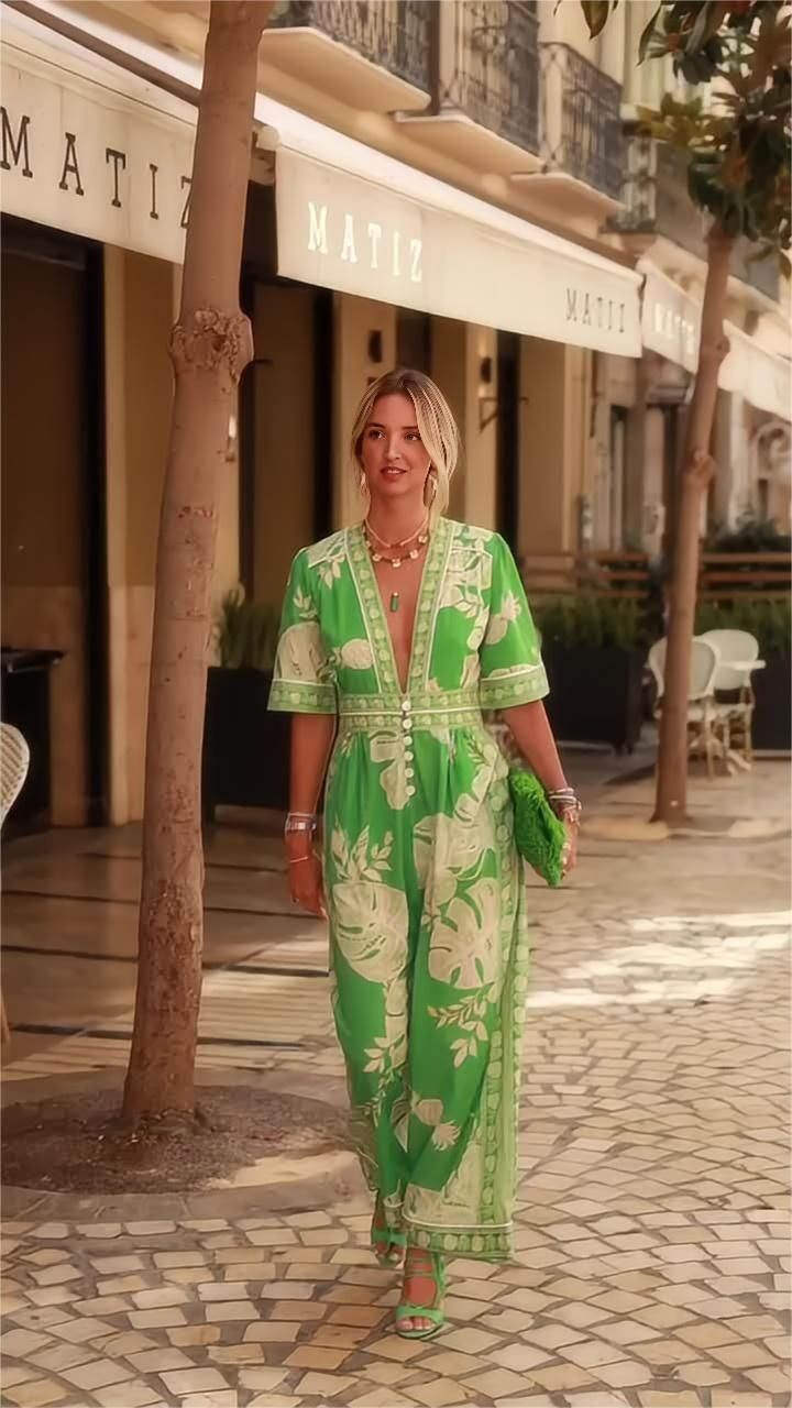 Damenbekleidung New Fashion Printed Jumpsuit V-Ausschnitt Kurzarm_voghion.com