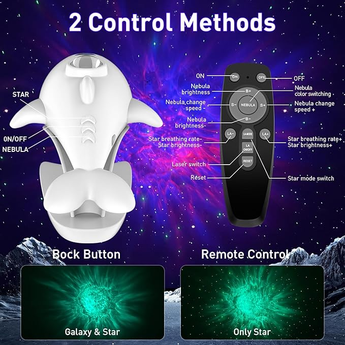 Proiettore di stelle a forma di delfino, proiettore di galassie per camera da letto, 15 modalità di illuminazione, luce notturna a forma di stella da soffitto con telecomando, decorazione per la cameretta dei bambini, regalo_voghion.com