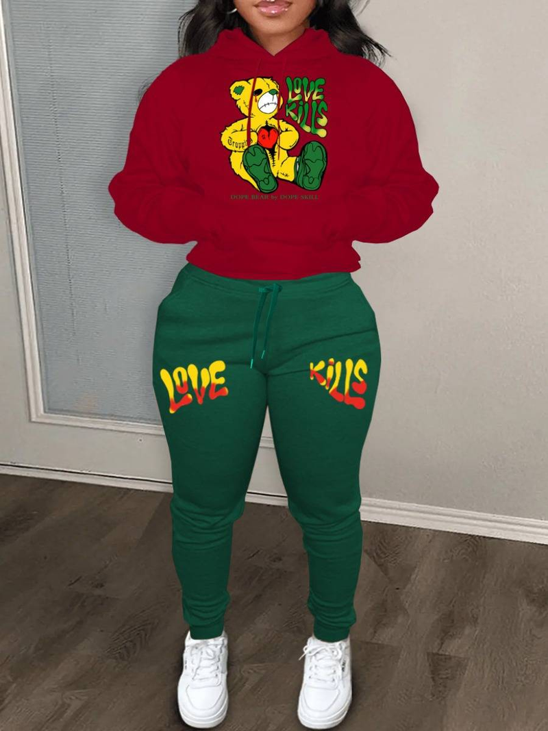 Plus Size Herfst & Winter Letter Print Color Block Hooded Sweatshirt Set Dagelijks Casual Lange Mouw Vrouwelijke Trainingspak Set_voghion.com