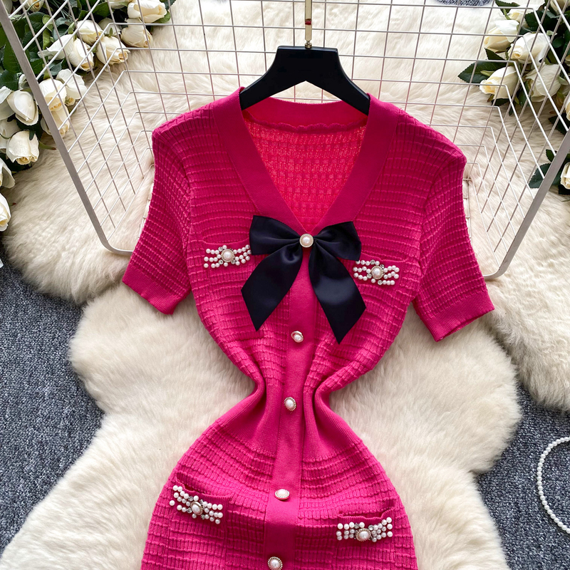 Abito da donna in maglia con scollo a V, fiocco, diamanti, vestibilità aderente, splendida gonna lunga_voghion.com