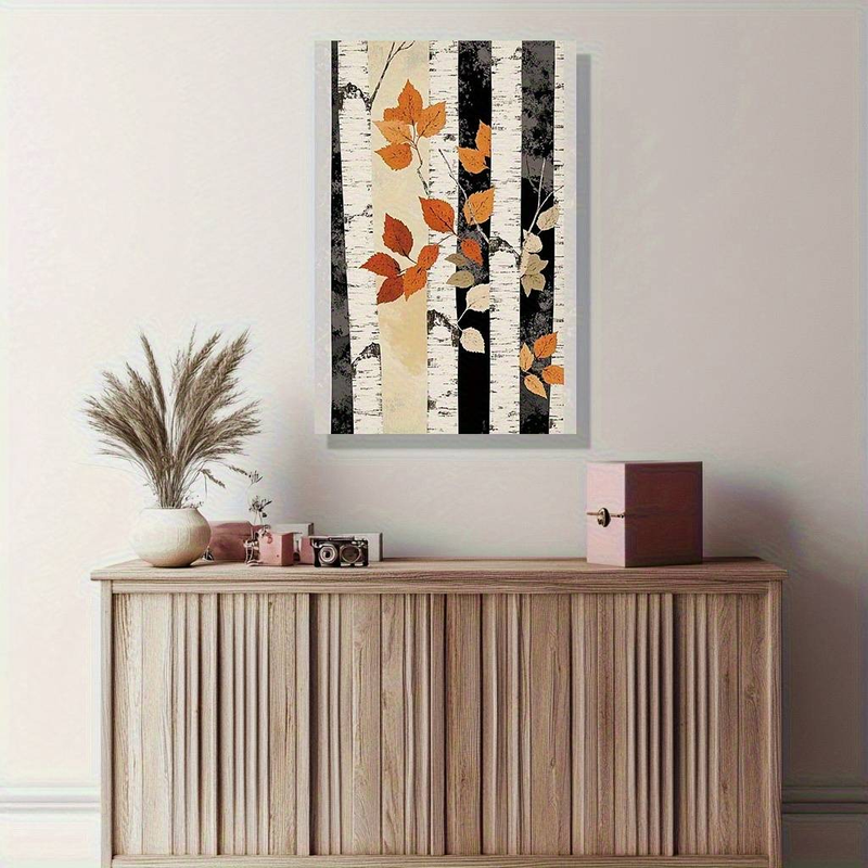 Elegant Autumn Tree Wall Art Canvas Print - Vertical Birch Tree With Orange Leaves & Black-White Stripes,Modern Fall Decor For Living Room, Bedroom_voghion.com