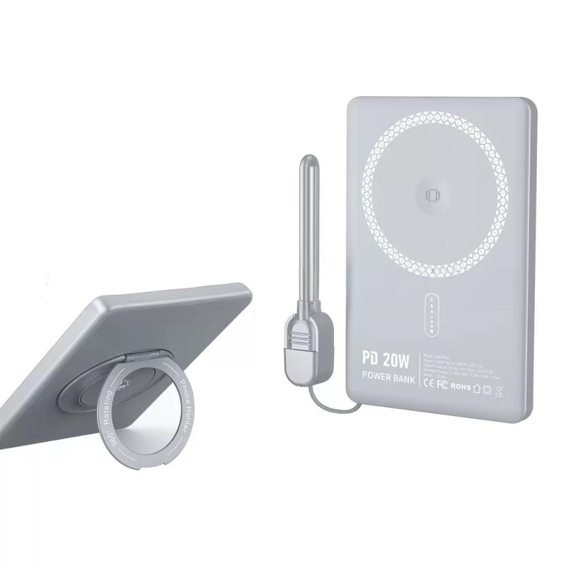 Magnetische draadloze powerbank 3-in-1 met vingerringstandaard, ingebouwde kabel, snel opladen voor iPhone en Android (5000 mAh/10000 mAh, PD20W)_voghion.com