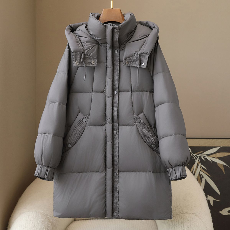 "Women's Fashion Hooded Down Jacket, 90% White Duck Feather Filling, Long Coat For Winter, Loose Fit, Zipper Closure, Multiple Pockets,_voghion.com