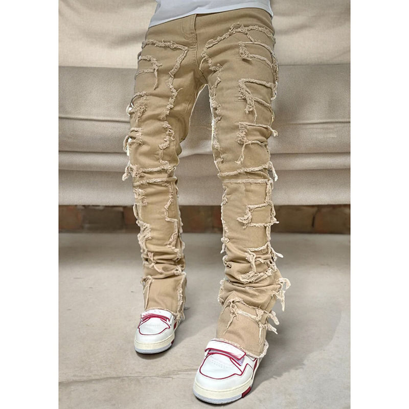 Men's Patchwork Loose Fit Straight Leg Jeans – Trendy & Versatile (Light Blue, Pink, Blue, Khaki, Black, S-XXL, Machine Washable)_voghion.com