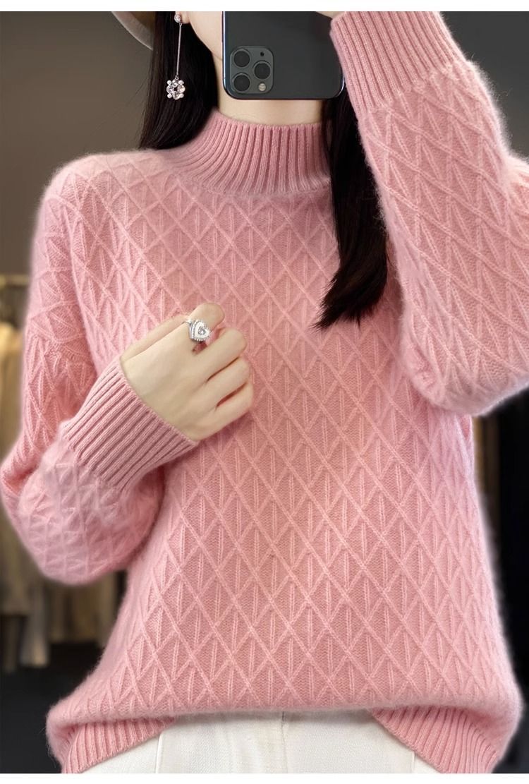 【 Cashmere Family 】 Autumn and winter pullover semi high neck short wool base women's thick knit sweater inner layer_voghion.com