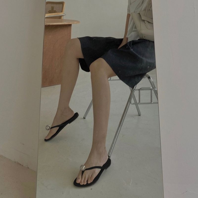 Versione in pelle di pecora ~ Infradito da esterno alla moda in vera pelle con perle in metallo per donna, estive, piatte, da spiaggia, a metà slip_voghion.com