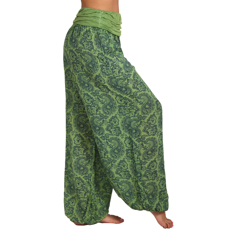 Roupas femininas Impressão digital Calças longas e largas Calças casuais Calças harém_voghion.com