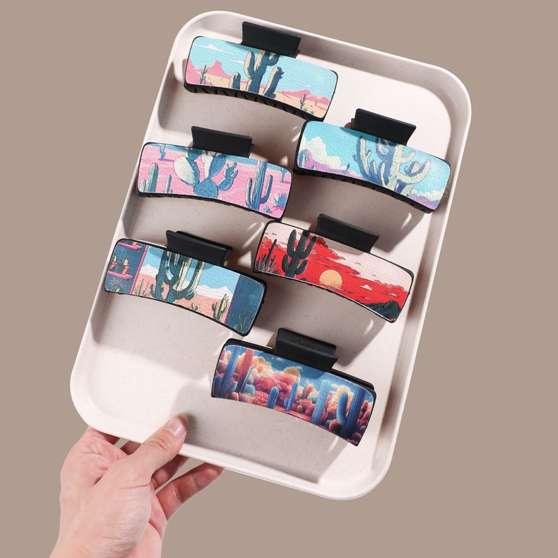 Kaktus-Haarspange aus PU-Leder mit Aufdruck – Wüstenpflanze im Anime-Stil, Krallenklammer für den Hinterkopf – Großer Hai-Clip_voghion.com