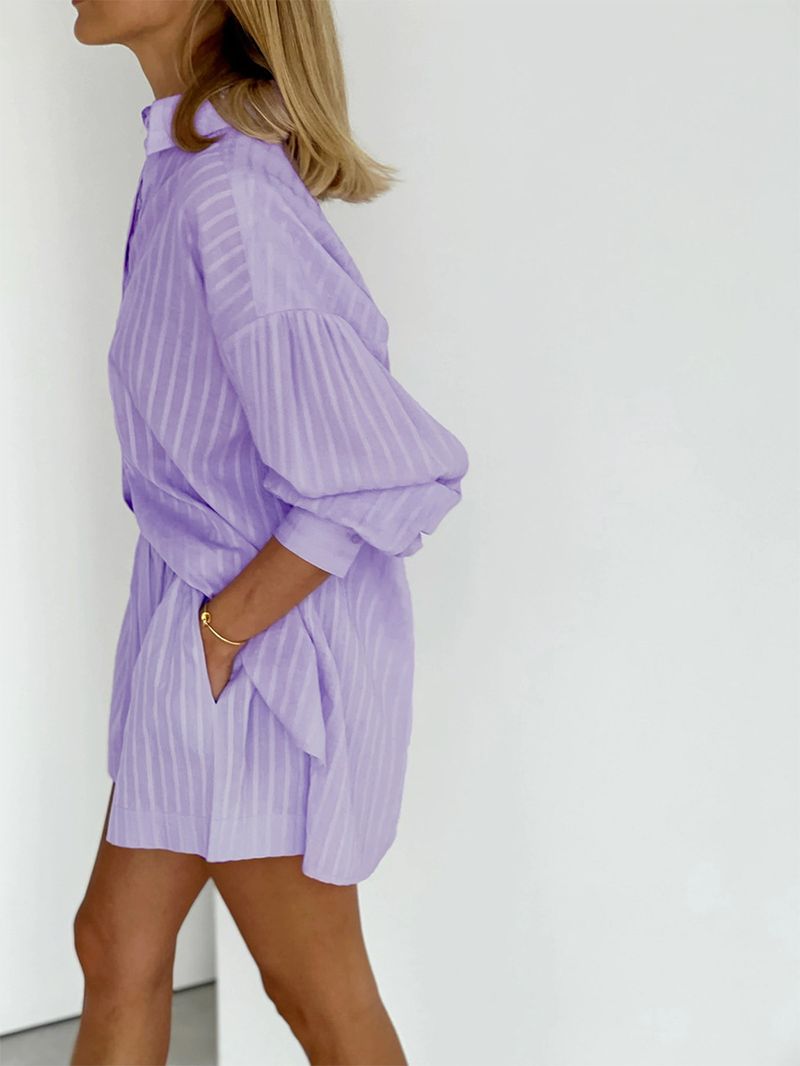 Elegante completo con camicetta e pantaloncini in jacquard per donna - Abbigliamento da ufficio con maniche a palloncino a righe e abbigliamento casual_voghion.com