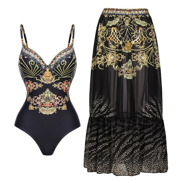 Maillot de bain une pièce imprimé Suspender noir doré pour femme_voghion.com