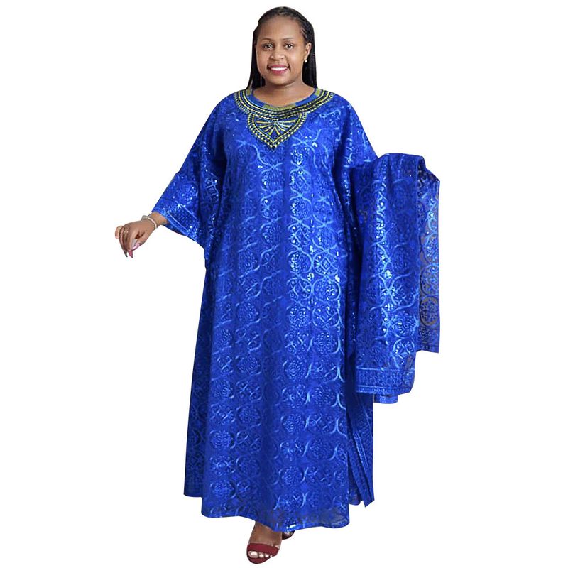 Roupas femininas bordado renda solta manga morcego vestido robe três peças colete com lenço na cabeça_voghion.com