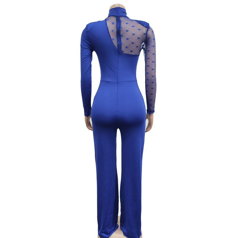 Women's Clothing fashion women's polka dot mesh see-through long-sleeved trousers solid color jumpsuit_voghion.com