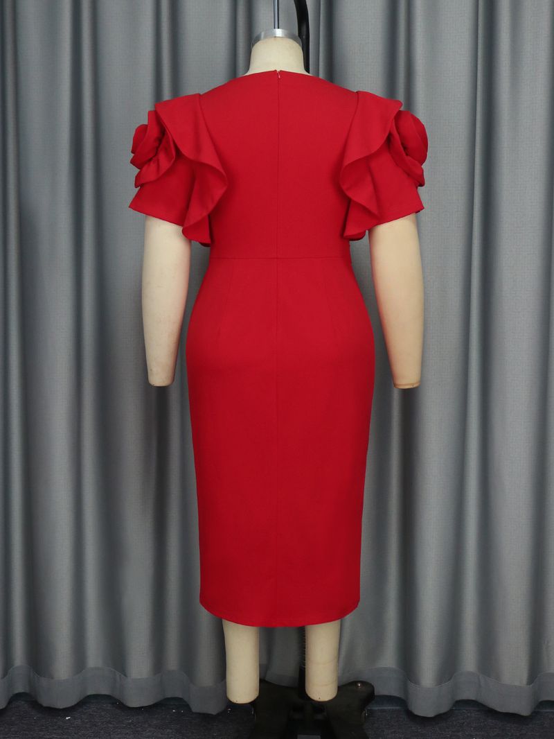 Plus Size Elegant Split Sleeve Party Dress – Belted Wrap Design, Stretchy Polyester, Red (S-1XL, Mid-Length, Flattering A-Line Cut)_voghion.com