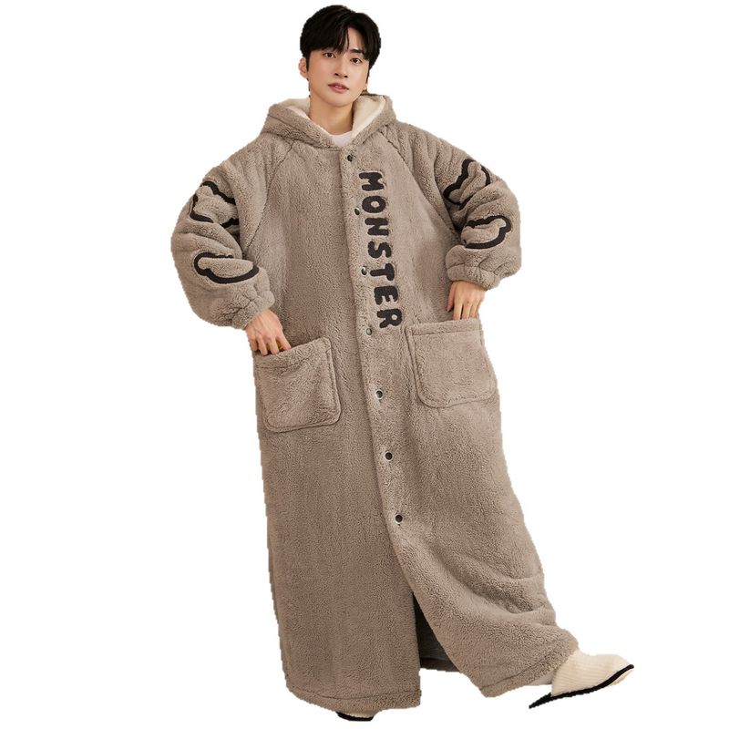 Men's Nightgown Coral Fleece Pajamas Thickened Flannel Bathrobes Thickened Plus Size Loungewear_voghion.com