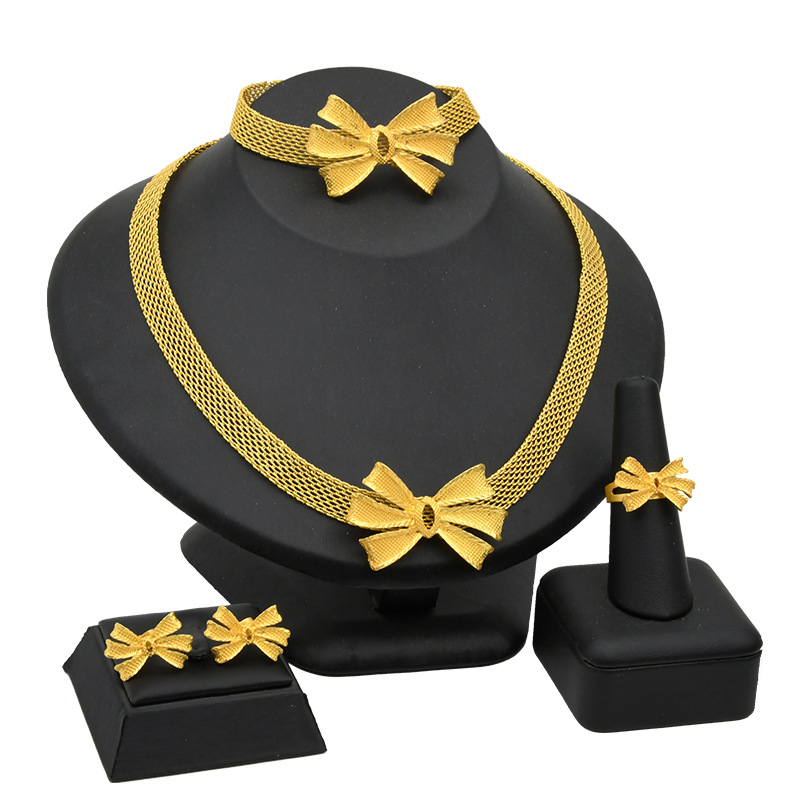 Set di gioielli da donna in oro con collana di fiori da sposa, bracciale, orecchini, anello_voghion.com