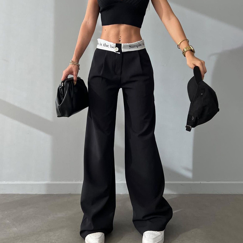 Moda damă ocazional drepți pantaloni asortați, tricotați cu talie înaltă, culoare contrastantă, pantaloni de costum largi, toamnă_voghion.com