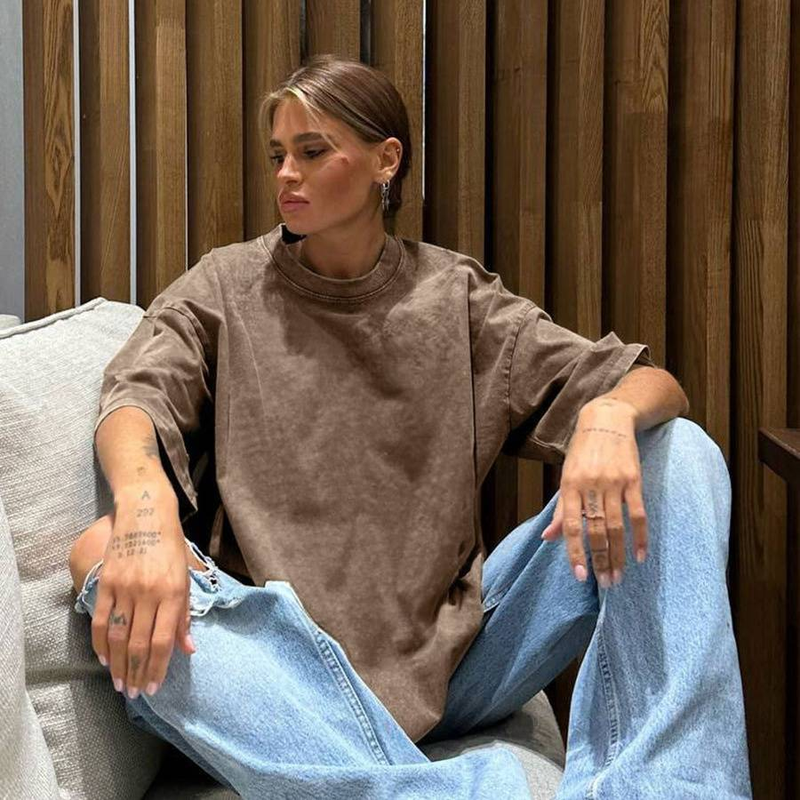 T-shirt ample en pur coton pour femme, style minimaliste, délavé, style ancien, haut d'été coloré à manches courtes en coton 260 g_voghion.com