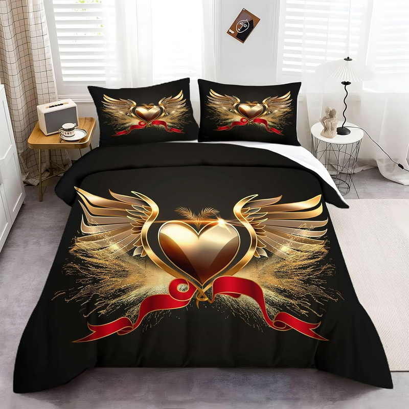 Parure de lit 3 pièces motif ailes d'amour doré, housse de couette en microfibre douce et moelleuse, pour adolescents, filles et garçons, avec taie d'oreiller de 50 x 75 cm._voghion.com