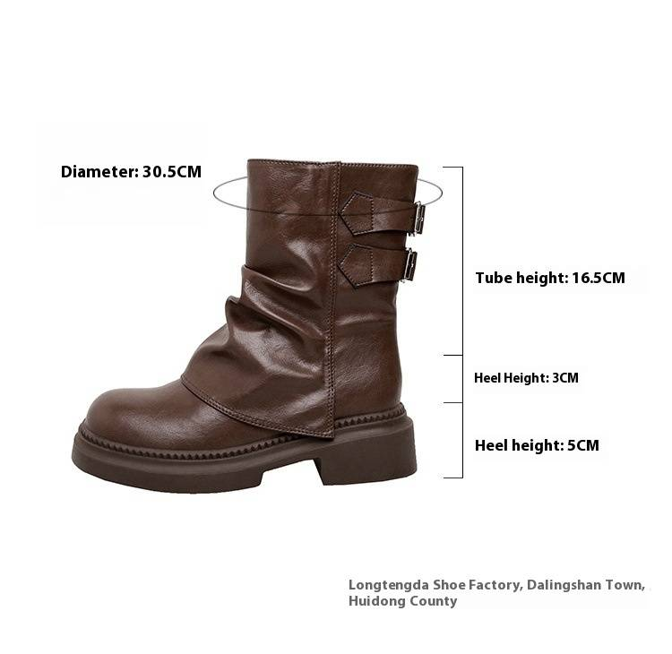 Women's Shoes Retro British Style Chunky Heel Leather Ankle Boots With Buckle Strap, Round Toe And Hidden Platform For Stylish Streetwear Look_voghion.com