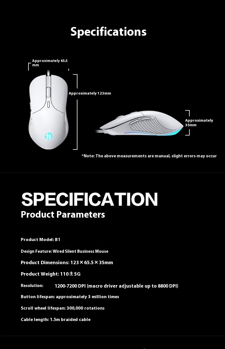 Wired Gaming Mouse – 6 Programmable Buttons, 8800DPI Adjustable, Silent Clicks, RGB Lighting, Large Ergonomic Design (Black/White)_voghion.com