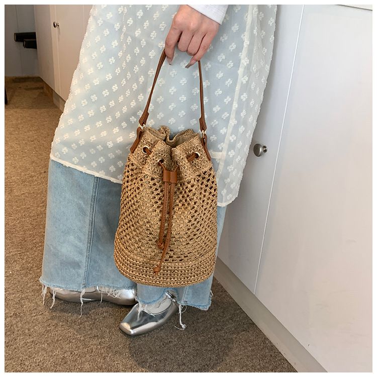 Borsa a secchiello da donna, borsa intrecciata, borsa a secchiello alla moda da donna, borsa di paglia, borsa da spiaggia, borsa a tracolla_voghion.com